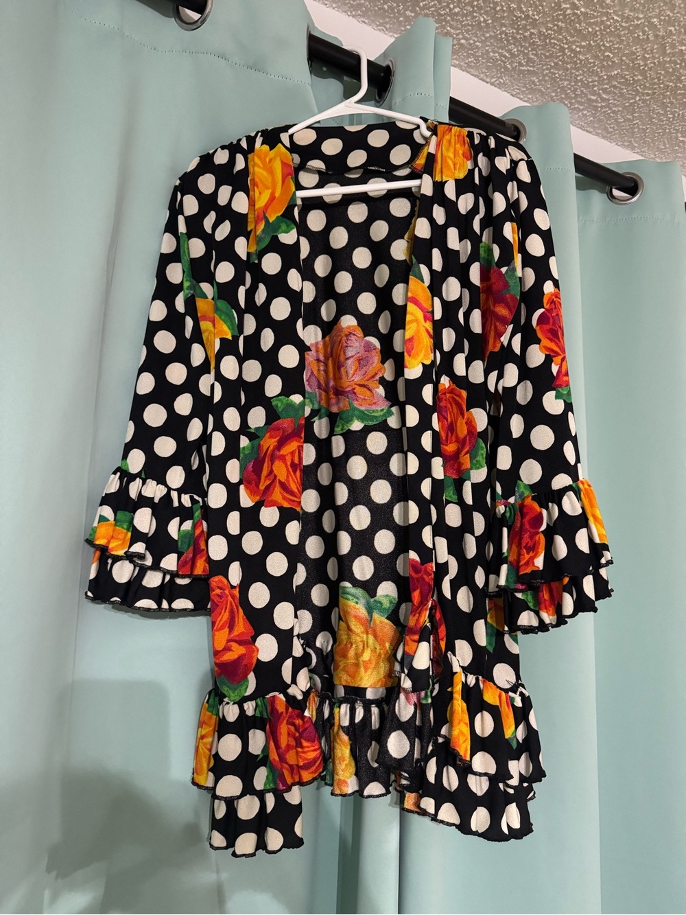 Vintage 80s Polka Dot Floral Ruffle Duster Cardigan